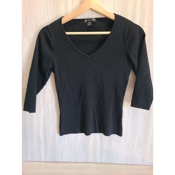 August Silk Black Ribbed Knit Top PM – Silk Cashmere Wool Blend 3/4 Sleeve - Picture 1 of 9